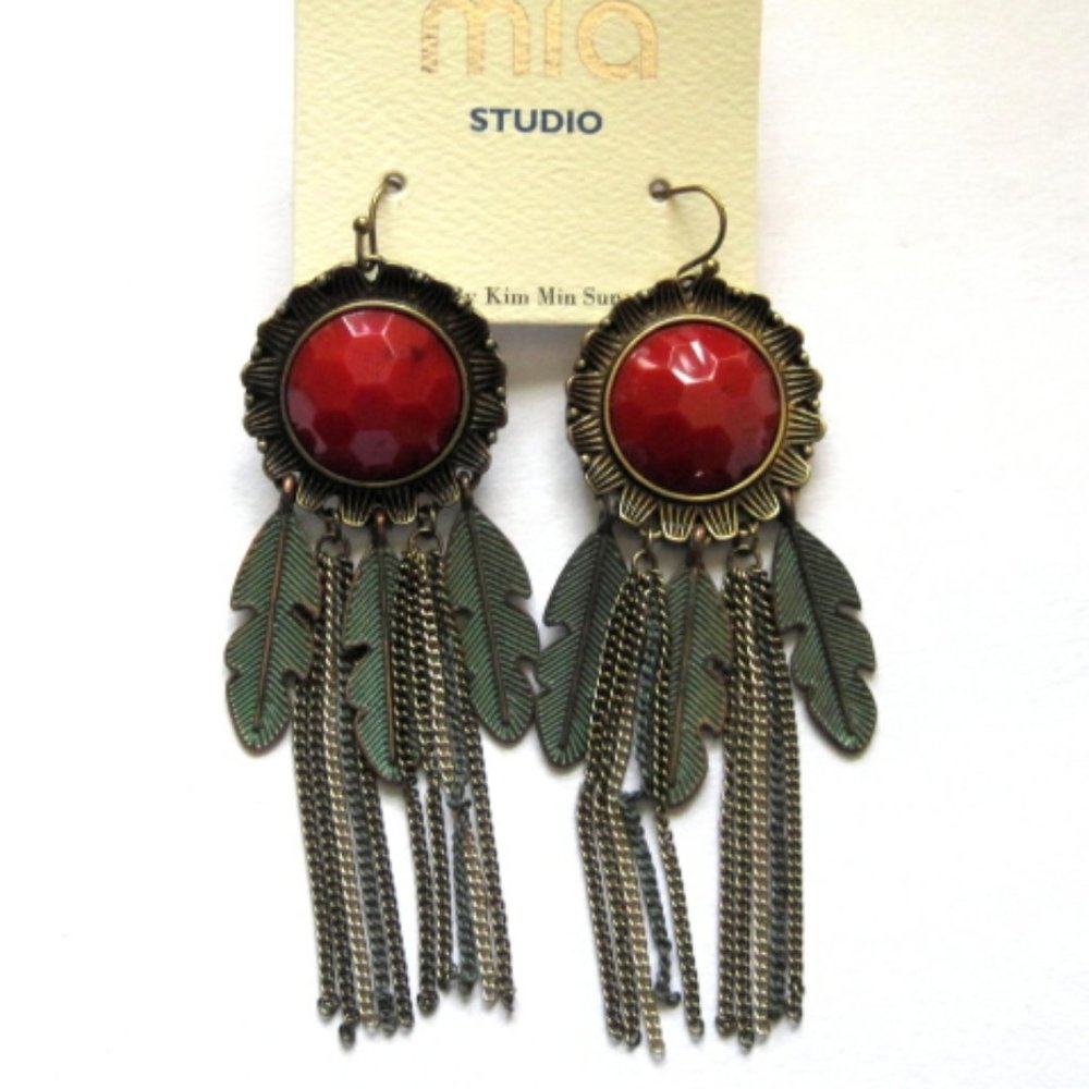 Red Coral Feather Chain Dangle Earrings Boho Style